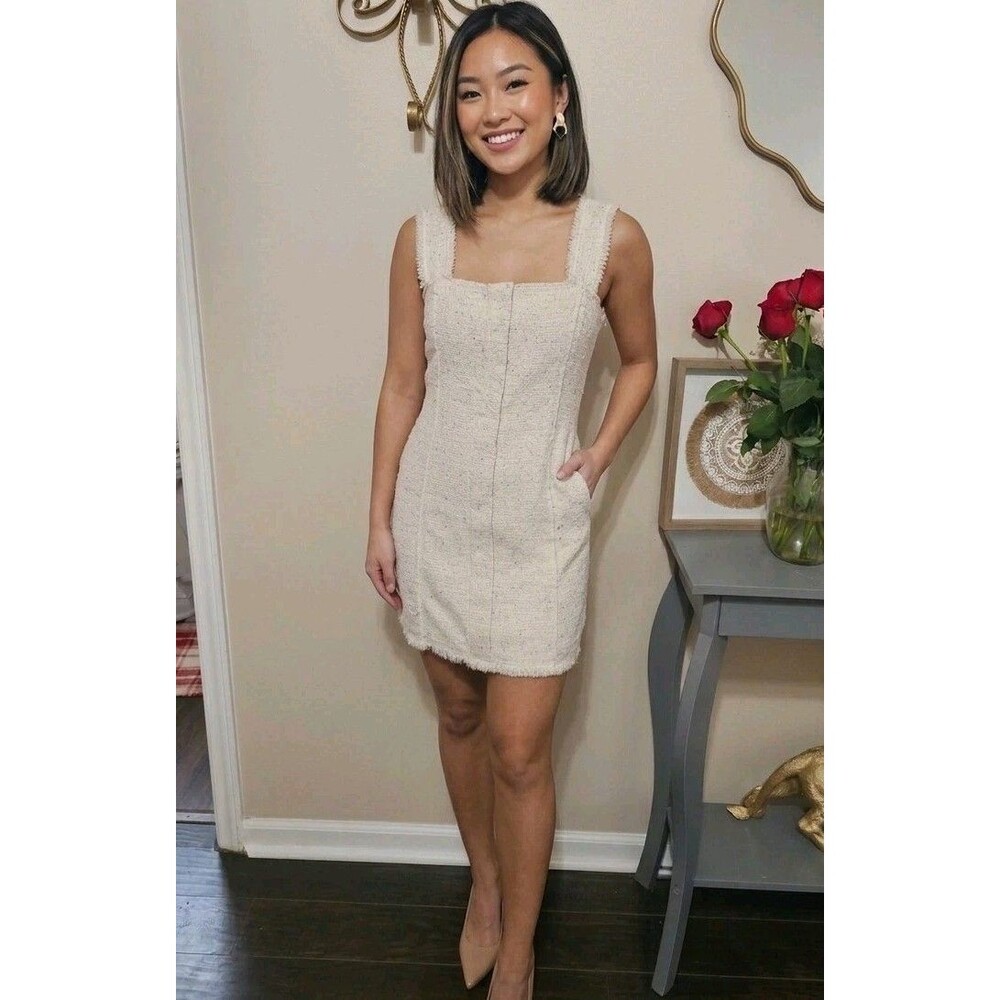 house of harlow 1960 Ivory Tweed Mini Dress Multi Color Specked Frayed TrimSz M